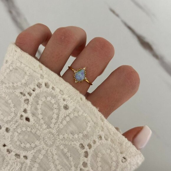 American Vintage Jewelry - SKU:0072 vintage vibe gold ring with chameleon blue stone Stainless steel